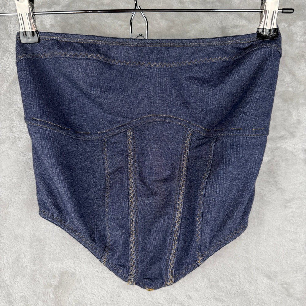 Western Core Denim Corset Bustier Top Blue Jean Style Boning Hook & Eye M